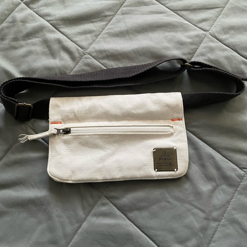 Prana White Canvas Belt Bag with Brown Strap